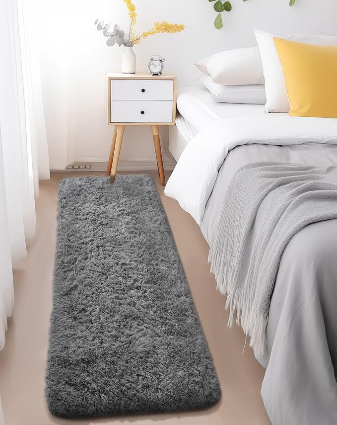 Ophanie Runner Rug for Hallway, 2x6 Bedroom Grey Bedside Rugs, Non Slip Fluffy Soft Shaggy Carpet for Kids Girls Boys Home Decor Aesthetic, Dorm Nursery Gray