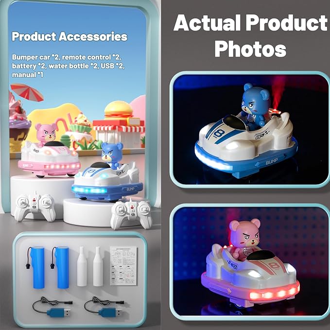 Velasko RC Bumper Cars Set of 2, Remote Control Cartoon Bumper Cars Set Toddler Toys with Music Lighting Spray for 3 4 5 6 Year Old Kids, Boys Girls Christmas Birthday Gift