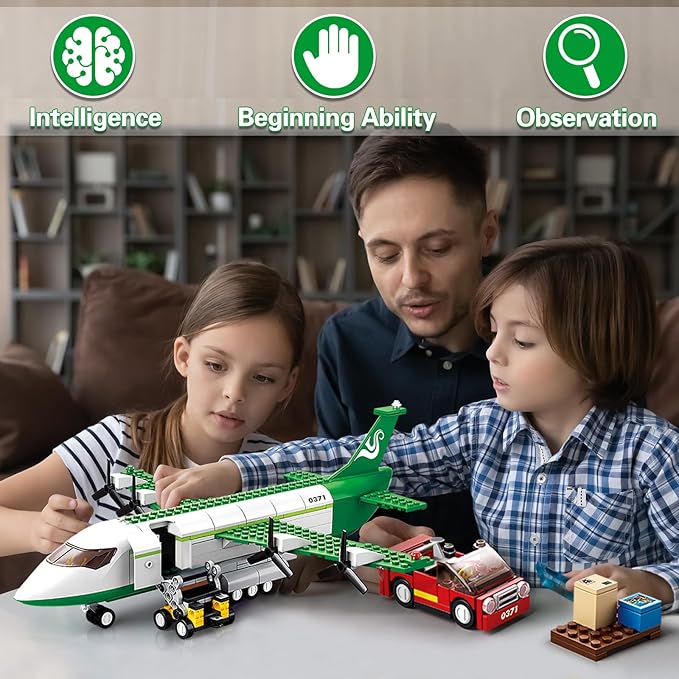 City Cargo Plane Building Set, Plane City Kits Building Blocks with Car, Luggage Tray, Movable Stairs, Compatible with Lego Plane Airport, Airplane Model Toys Gifts for Adults Boys Girls 6-12