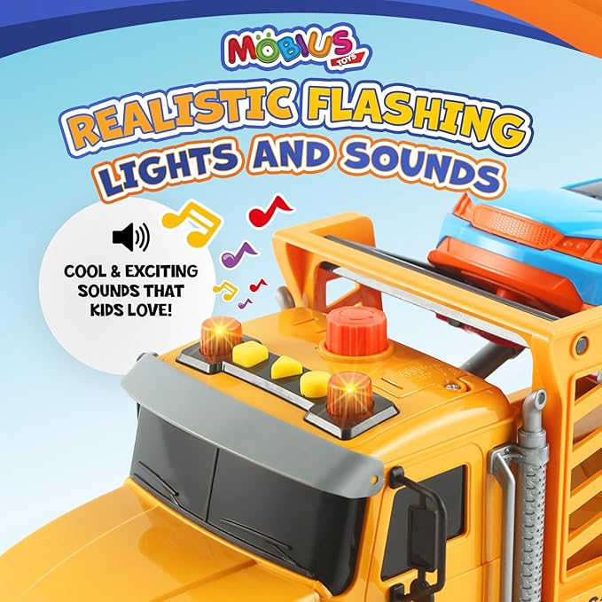 Mobius Kids Tow Truck Toy with Race Car Friction Powered Hauling Toy Tow Trucks for Boys Age 3-5 w/Flashing Lights & Sounds - Playset for Kids Boy & Girls Ages 3-9 Working Hook & 11 Cool Accessories