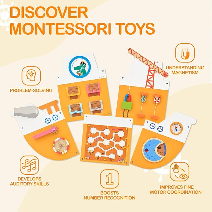Monläurd® Wooden Ship Activity Wall Panel for Kids, Sensory Wall Toy, Activity Cube, Wall Toys for Toddlers 1-3, Playroom Toys, Daycare Furniture, Montessori Busy Board