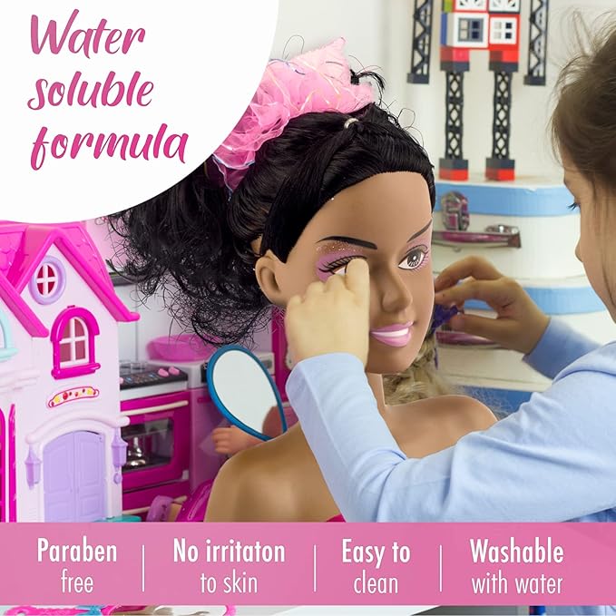 Liberty Imports African American Black Makeup and Hair Styling Doll Head Toy Playset with Real Washable Cosmetic and Fashion Dress Up Accessories for Girls Pretend Play