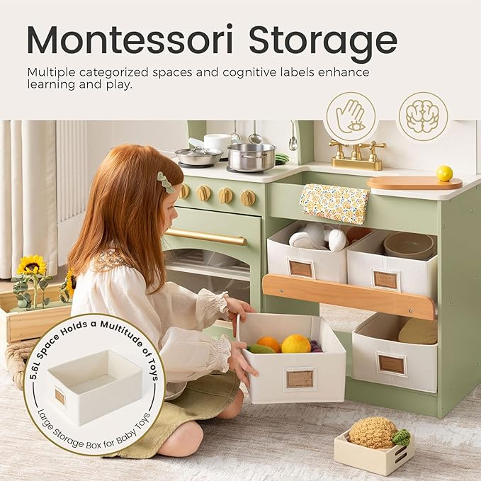 Tiny Land Play Kitchen for Kids with Storage System, Toy Kitchen Set with Plenty of Play Features Gift for Ages 3+