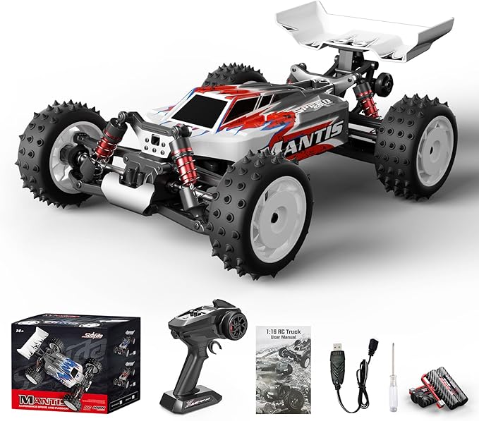 1/16 Fast Remote Control Car for Adults, Electric Vehicle Gift for Boys, High Speed RC with Max 48 mph Offroad Buggy, All Terrains RC Monster Truck with 2 sets of Rechargeable Batteries (Red)