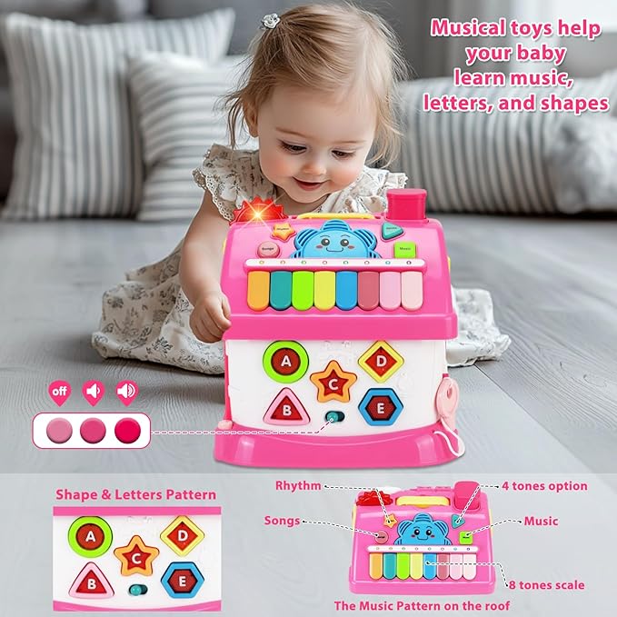 Aitbay Toys for 1 Year Old Girl Gifts: Baby Musical Toys 6-12 12-18 Months 8-in-1 Multi-Functional House - Montessori Educational Toys for Toddlers 1-3 - First Christmas 1st Birthday Gifts