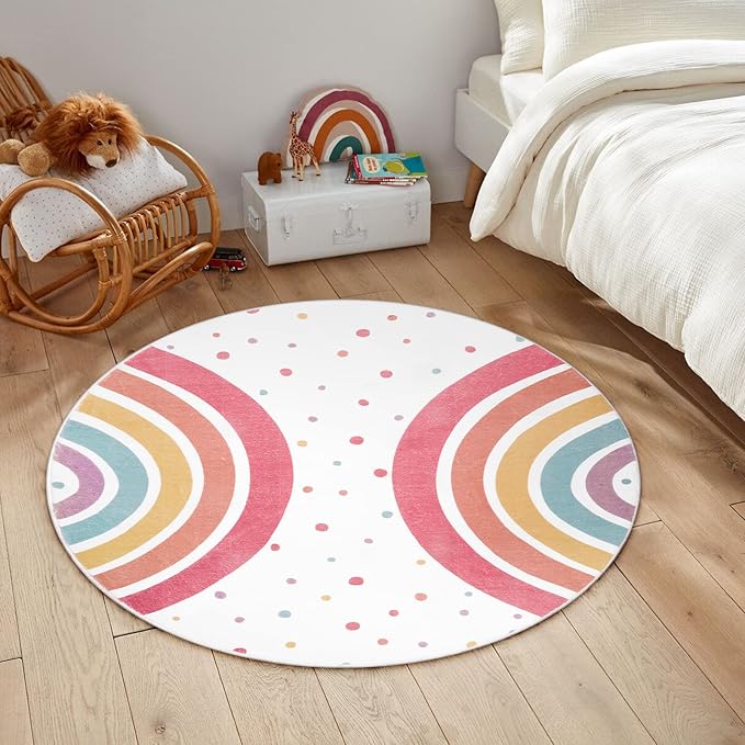 STARUIA Round Rainbow Rug for Girls Bedroom, 4 Ft Washable Kids Rug for Baby Nursery, Non-Slip Circle Area Rug Colorful Princess Carpet for Teen Dorm Playroom Tent