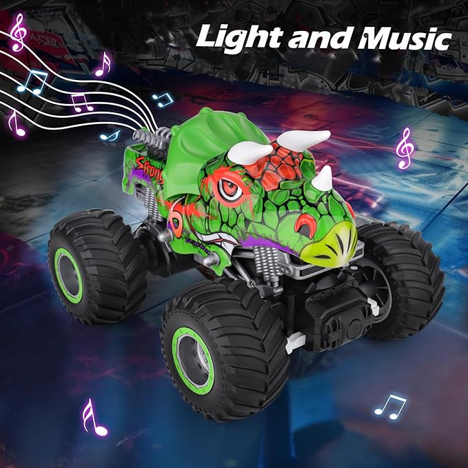 PREBOX Remote Control Monster Truck for Boys 8-12 - RC Dinosaur Car Toys for Kids Age 4-7, Birthday for Boys with Music Lights