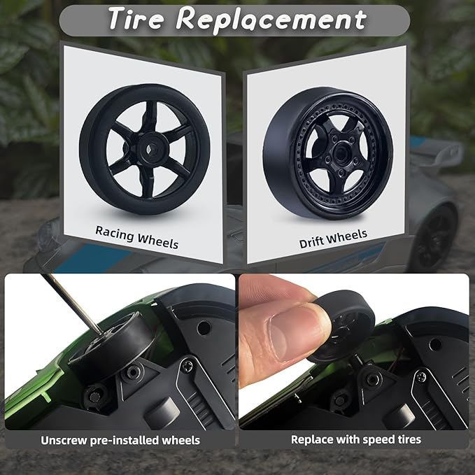 RC Drift Car, 2.4GHz Remote Control Car with LED Light, 1/24 4WD High Speed Drifting RC Cars with Two Rechargeable Batteries and Drift Tires, Toy Cars for Kids Adults, Silver