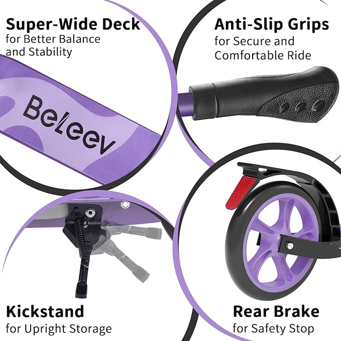 BELEEV V8 Scooters for Kids Ages 6+ with Light-Up Deck, 2 Wheel Folding Scooter for Adults Teens, 4 Adjustable Height, Lightweight Sport Commuter Scooter, Sturdy Frame, Max Load 220 lbs