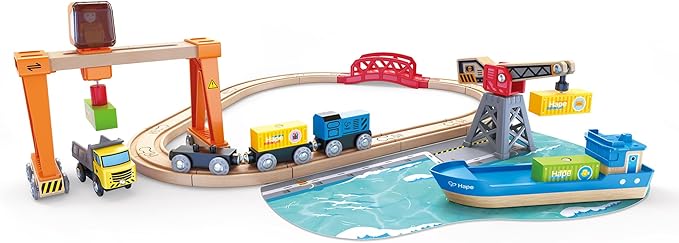 Hape Lift & Load Harbor Set | Toy Train and Boat Set with Cranes, for Children Ages 3Y+