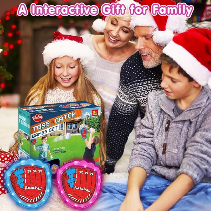 VATOS Toss and Catch Ball Game Set, 6 Sticky Balls & 4 Baseballs Training Glove with LED Light, Outdoor Toys Backyard Garden Lawn Games Sports for Kids Boys Girls 3-12