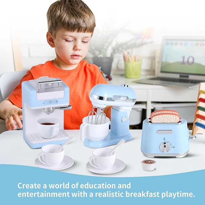Pretend Play Kitchen Appliances Toy Set with Coffee Maker Machine, Mixer and Toaster, Play Kitchen Accessories with Sound & Light Birthday Gifts for Kids Age 3+ Boys and Girls