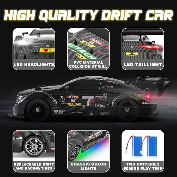 RC Drift Car 1:16, 2.4GHz 4WD 30+KM/H High Speed Remote Control Car with LED Lights Two Batteries and Drift Tires, Drifting RC Cars for Adults Boys Kids, Gray