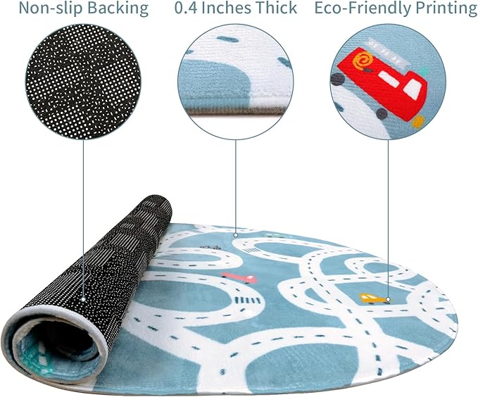 LIVEBOX Blue 3'x5' Non-Slip Kids Play Rug, Machine Washable Road Mat for Playroom, Toy Room Carpet with Cartoon Design for Boys and Girls