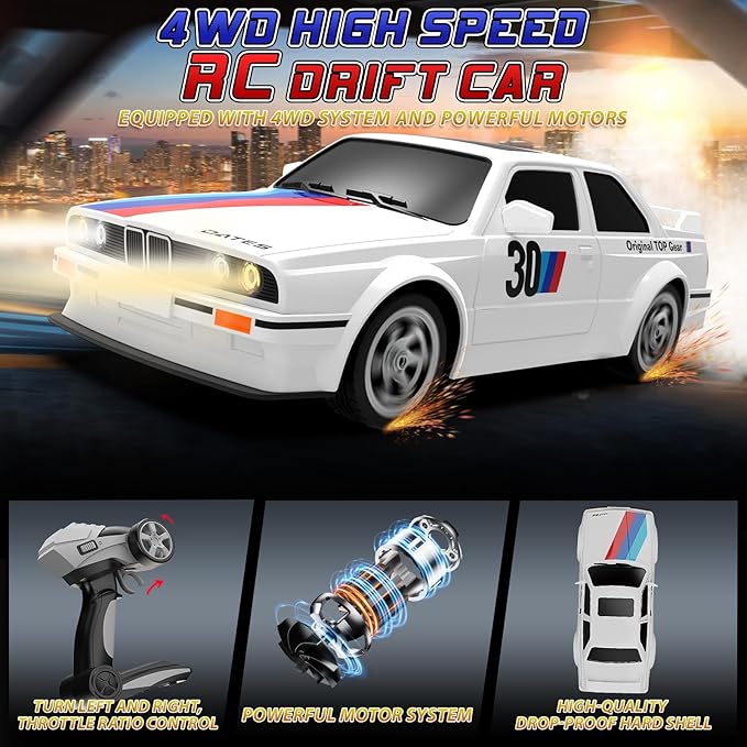 Remote Control Cars 1:16 Scale RC Drift Car 2.4Ghz 30KM/H High Speed 4WD RTR Racing Car with Drift Tires LED Lights 2PCS Rechargeable Batteries RC Sport Cars Toys for Adults Boys Girls Kids Gift