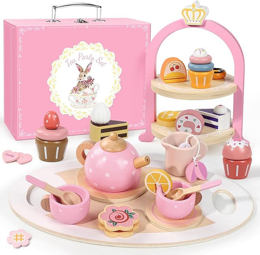 Wooden Tea Party Set for Little Girls, Toddler Girl Gifts Princess Tea Time Toys, Wooden Tea Set Food Dessert, Kids Kitchen Pretend Play, Birthday Valentines Day Gifts for Girls Age 2-5 Years Old