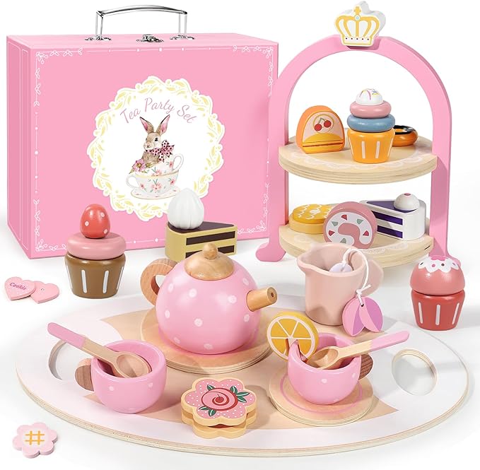 Wooden Tea Party Set for Little Girls, Toddler Girl Gifts Princess Tea Time Toys, Wooden Tea Set Food Dessert, Kids Kitchen Pretend Play, Birthday Valentines Day Gifts for Girls Age 2-5 Years Old