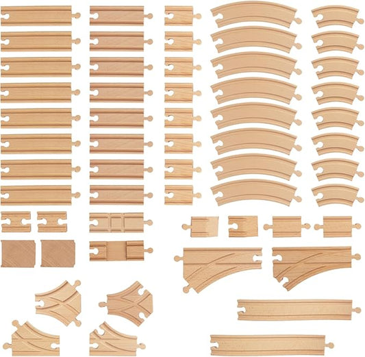 Wooden Train Tracks 58 Piece Set, Track Expansion and 9 Distinct Pieces - 100% Compatible with All Major Brands Including Thomas Wooden Railway System