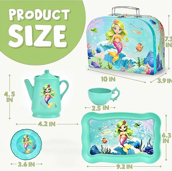 Mermaid Tea Set for Toddlers, Kids Pretend Play Tea Party Set – Plastic Kitchen Toy Teapot Set with Cups, Plates, Carrying Case, Princess Role Play Toys Birthday Gift for Girls Age 3 4 5 6