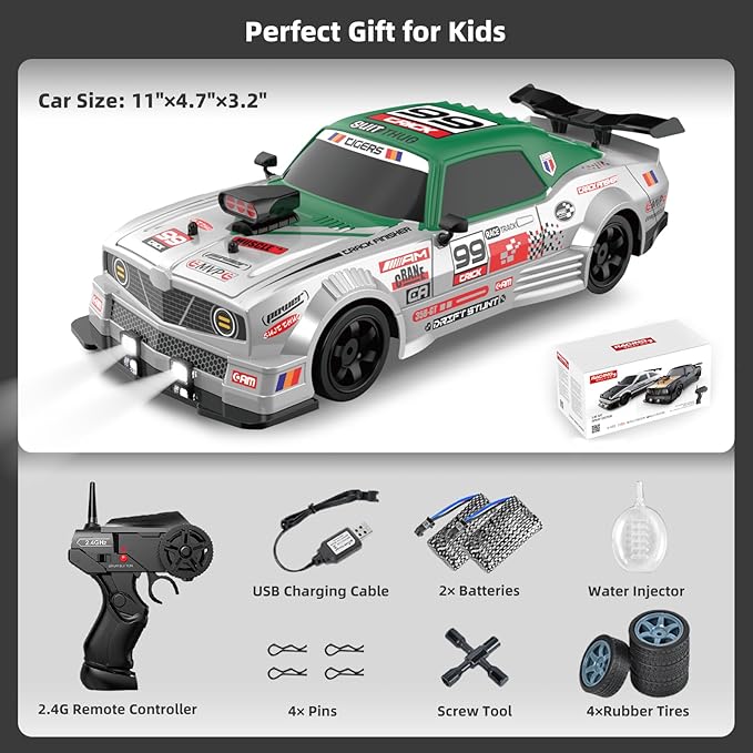 RC Drift Car 2.4GHz 1:16 Scale 4WD High Speed Remote Control Cars Vehicle with LED Lights Two Batteries and Drifting Tires Racing Sport Toy Cars for Adults Boys Girls Kids