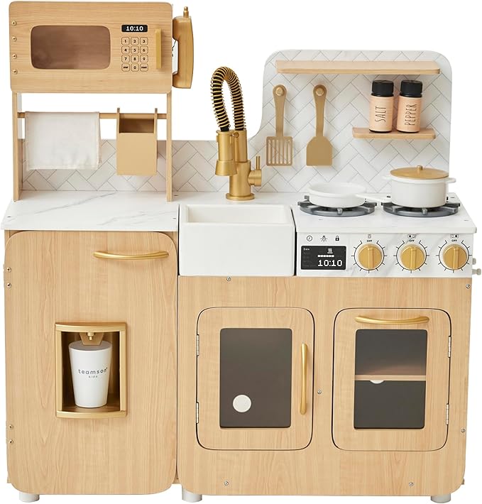 Teamson Kids Little Chef Cyprus Wooden Play Kitchen Set – Pretend Toy Kitchen for Toddlers & Kids Ages 3+ with Ice Maker, Storage & Accessories – Play Kitchen for Kids, Light Oak & White Faux Marble