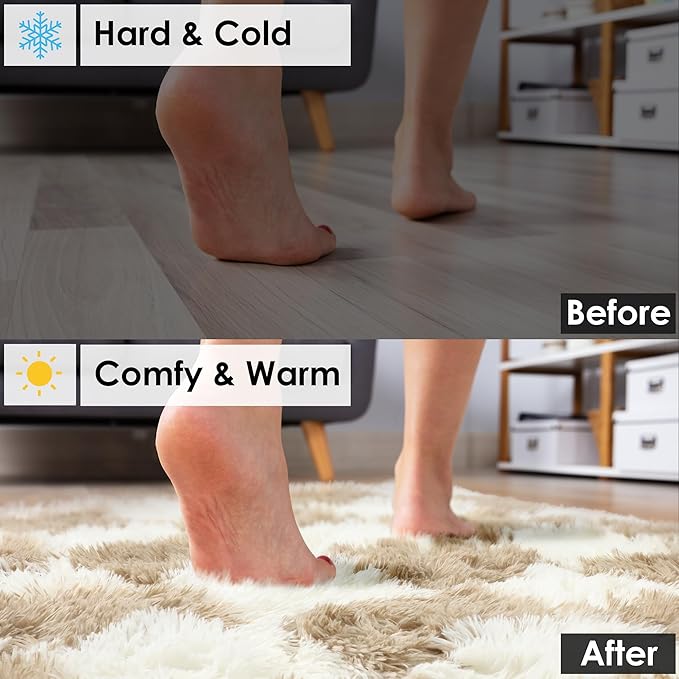 KICMOR Rugs for Living Room, 5x8 Fluffy Soft Beige and Cream White Checkered Shag Area Rug Large Fuzzy Shaggy Bedroom Carpet, Plush Rug for Kids Boys Girls Teen Dorm Nursery Home Decor Aesthetic