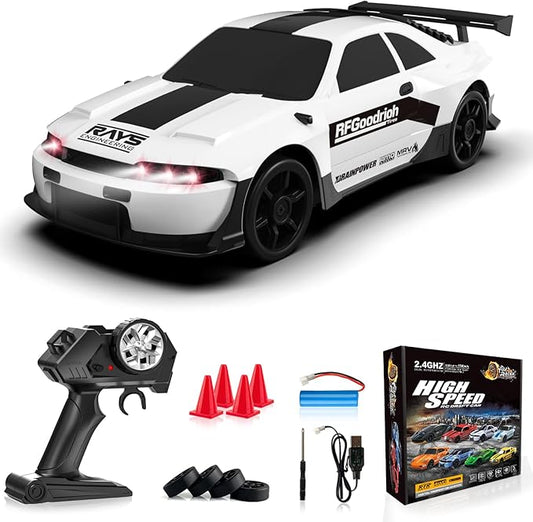 Remote Control Car, 1/24 Scale RC Drift Car, 4WD 15KM/H High Speed RC Cars, Racing Sport Toy Car with LED Lights, Racing Tire, Birthday for Kids Boys Girls, Rechargeable Battery