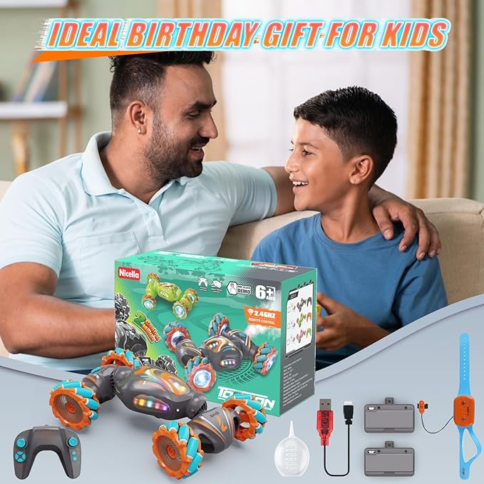 Gesture Sensing RC Stunt Car, Remote Control Car for Boys Toys Age 6-8-12, 4WD Hand Controlled RC Twist with Light & Music, Cool and Ideas Gifts for Kids Age 7 9 10 11 12 Years