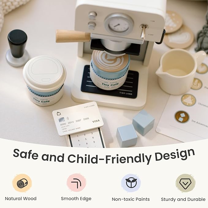 Tiny Land Kids Wooden Coffee Maker Playset – Pretend Play Espresso Machine with POS Machine and Toy Bank Card, Barista Role Play Café Set, Montessori Kitchen Toy for Boys & Girls