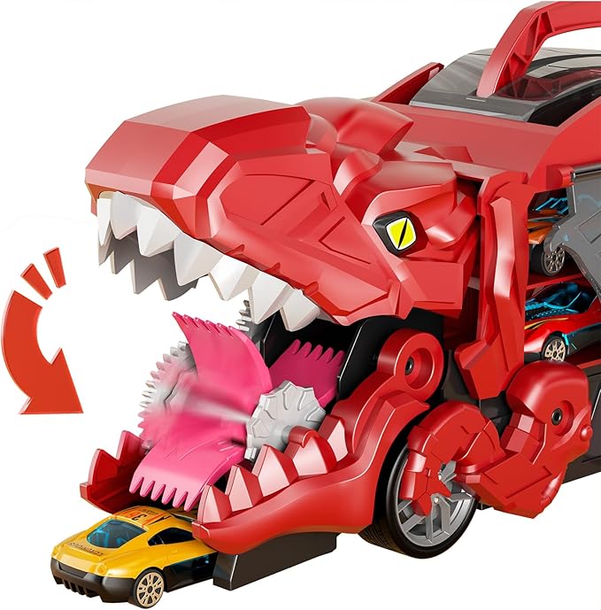 iHaHa Toddler Truck Toys for 3 4 5 6 Years Old Boys, Toys Cars Track Set Dinosaur Transporter Truck with 10 Die-Cast Car Toys, Transforms into Dino, Toddler Car Toys Set for Kids Boys Girls