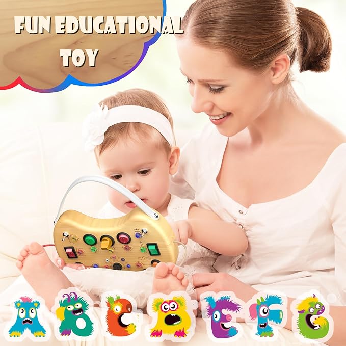 Toddler Busy Board with LED Light Up Switch, Wooden Montessori Busy Board for Todder 1-3, Travel Toys for Autistic Kids, Gift for 1 2 3 Year Old Baby Boys & Girls