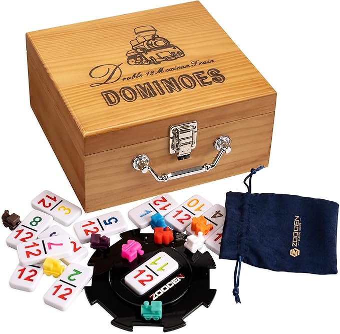 Mexican Train Dominoes Set with Numbers, Double 12 Dominos Game Set with Wooden Case, Full Dominoes Set with 91 Tiles 9 Trains, Scoreboard, Acrylic Game hub