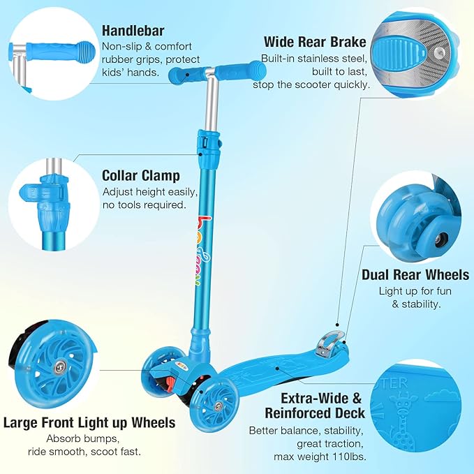 BELEEV A2 Scooters for Kids 3 Wheel Kick Scooter for Toddlers Girls Boys, 4 Adjustable Height, Lean to Steer, Light up Wheels, Extra-Wide Board, Easy to Assemble for Children Gift Sport Toys Ages 3-12