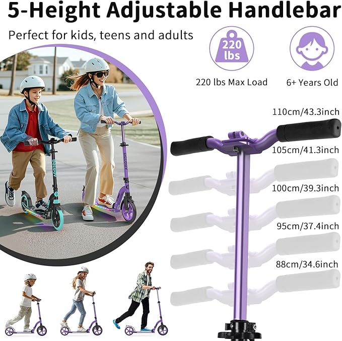 BELEEV V8 Scooters for Kids Ages 6+ with Light-Up Deck, 2 Wheel Folding Scooter for Adults Teens, 4 Adjustable Height, Lightweight Sport Commuter Scooter, Sturdy Frame, Max Load 220 lbs