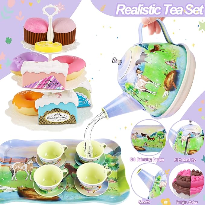Tea Party Set for Little Girls,50PCS Princess Horse Tea Time Toy Including Food Sweet Treats Playsets,Teapot Tray Cake,Tablecloth & Carrying Case,Kids Kitchen Pretend Play for Girls Boys Age 3 4 5 6