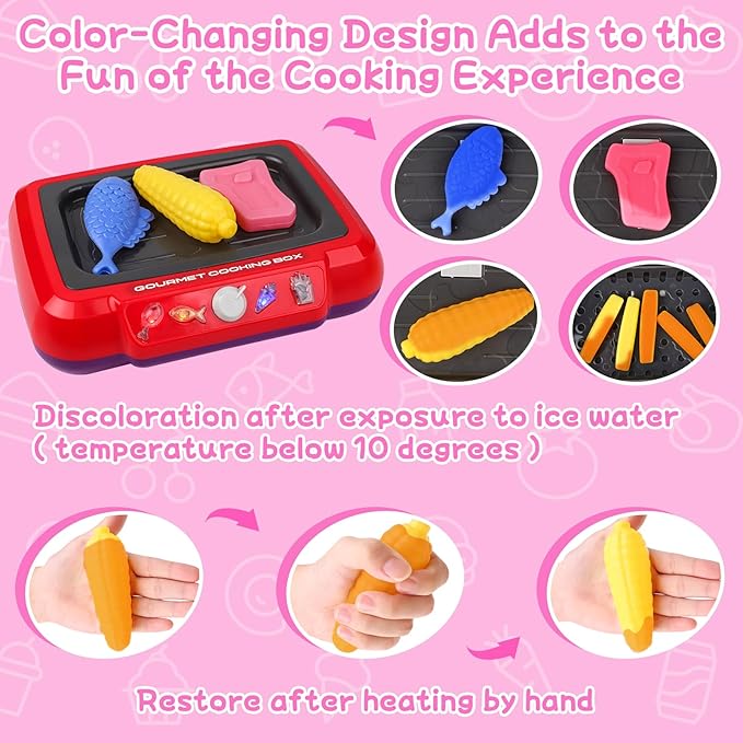 Gifts2U Kids Frying Kit Kitchen Cooking Playset, 48 PCS Toddler Pretend Play Store Toys with Color Changing Play Food, Simulator Kitchen Accessories Set DIY Toy Learning Gift for Girls Boys