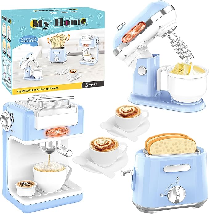Pretend Play Kitchen Appliances Toy Set, Kids Kitchen Accessories Set with Coffee Maker, Toaster, Mixer with Light and Sound, Gift for Girls Boys Kids Ages 3 4 5 6 7 8(Blue)