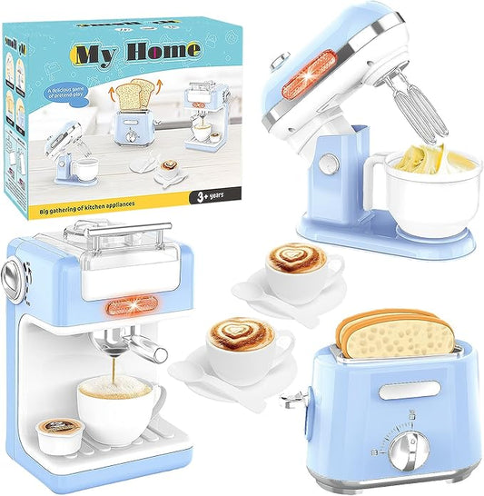 Pretend Play Kitchen Appliances Toy Set, Kids Kitchen Accessories Set with Coffee Maker, Toaster, Mixer with Light and Sound, Gift for Girls Boys Kids Ages 3 4 5 6 7 8(Blue)