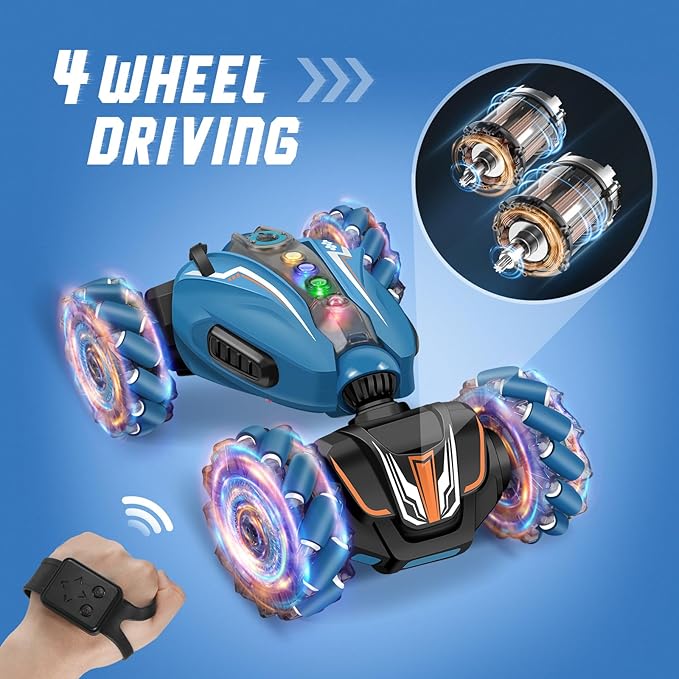Remote Control Car, 4WD Gesture Sensing RC Stunt Car for Kids with Light & Music, 2.4Ghz 360°Rotation RC Toy with Spray, Hand R/C Speedcar for Boys Girls Age 6 7 8 9 10 Year Old Blue