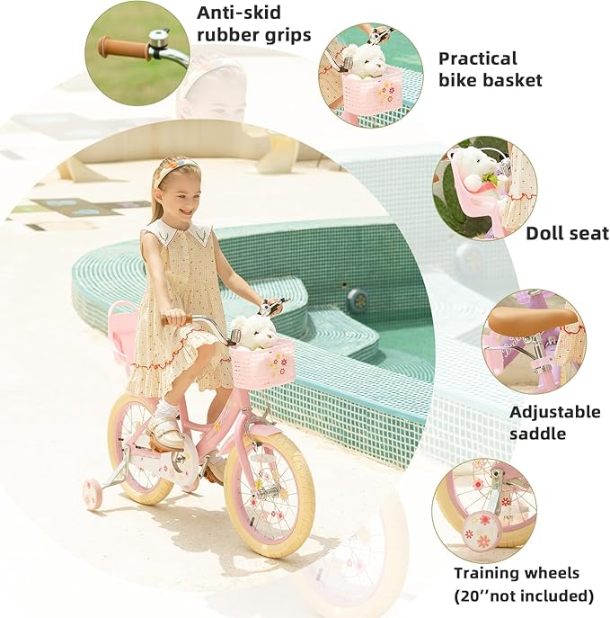 Girls Bike with Basket for Toddlers and Kids Aged 3-14 Years Old, 14 16 18 Inch with Training Wheels & Doll Seat, 20 Inch with Kickstand & Rear Rack, Princess Style Bicycle for Gift