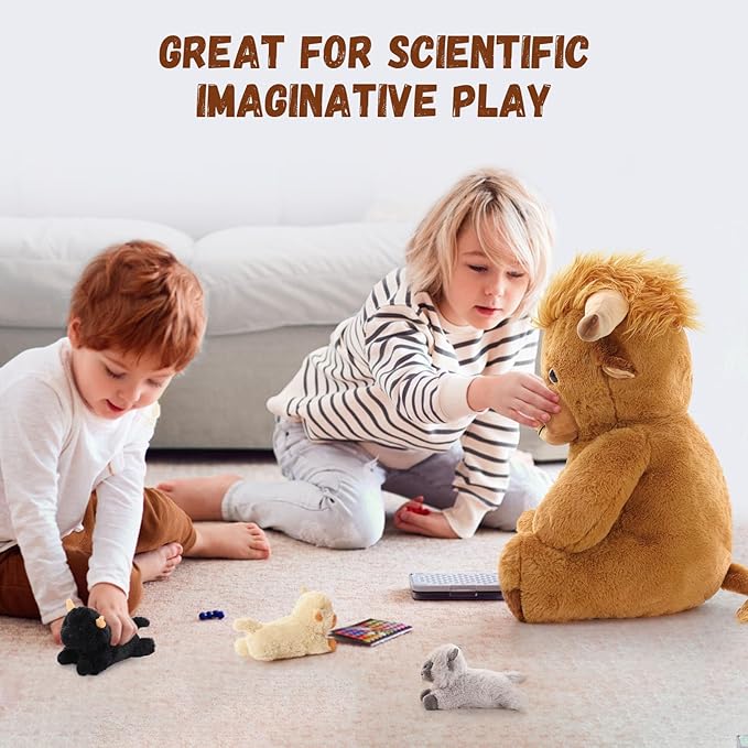 MorisMos Highland Cow Stuffed Animal Mommy with 3 Babies, 18" Scottish Cow Plush Toy Realistic Cattle Plushie Doll Home Farm Decor Gift for Kids Boys Girls