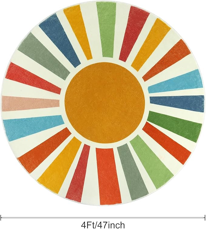 STARUIA Small Round Rug 4 Ft Washable Round Rug for Kids Room, Colorful Sun Circle Rug for Playroom, Non-Slip Circular Office Carpet Soft Rainbow Rug for Bedroom Reading Corner Dorm