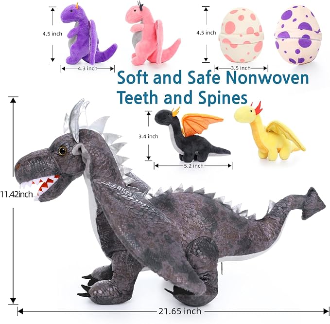 MorisMos Dragon Stuffed Animals with Baby Inside, 21 Inch Stuffed Dragon Plush Toy Set. Gift for Kids, Boys, Christmas, Gray
