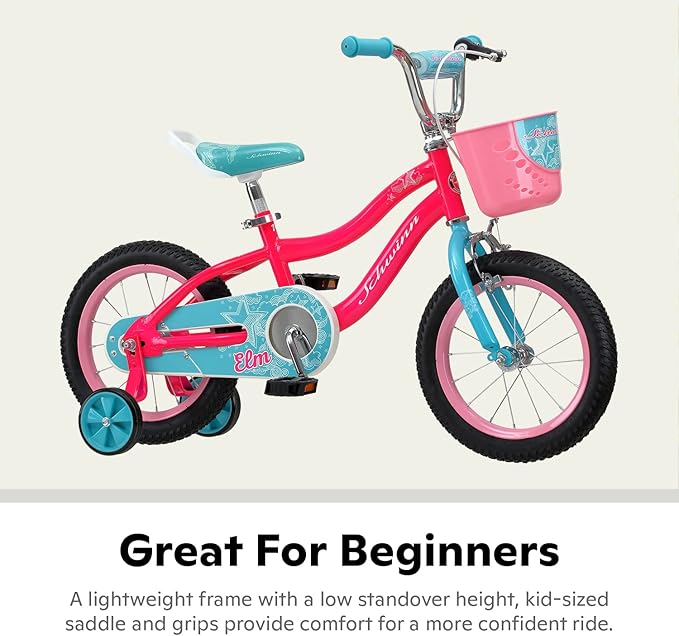Schwinn Elm BMX Style Toddler and Kids Bike, For Girls and Boys, 14-Inch Wheels, With Saddle Handle, Training Wheels, Chain Guard, and Front Basket, Recommended Height 36-40 Inch, Pink