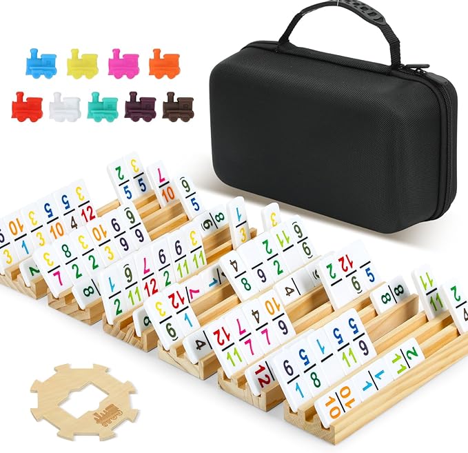 2-6 Players Mexican Train Dominoes Set with Numbers, 6 Wooden Racks, 91 Tiles, Portable Case, Dominos Set for Adults, Board Games for Adults, Valentines Day Gifts for Him Her Men Women Mom Dad