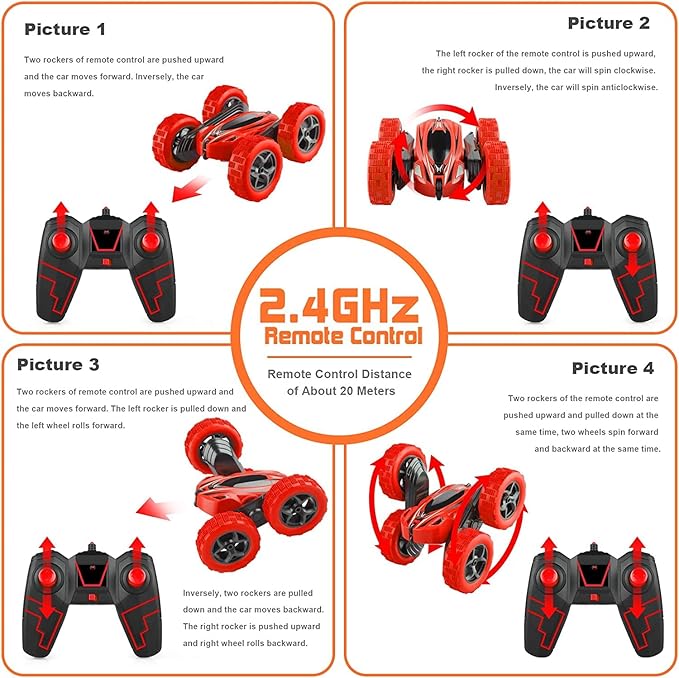 Remote Control Car, 2.4GHz Fast Stunt RC Trucks with Headlights, 4WD Double Sided 360 Rotating Off Road RC Crawler Toy Cars for Kids Boys Girls (Red)