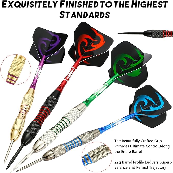 Darts Metal Tip Set Professional Metal Darts for Dartboard Steel Tip Darts with Nonslip Iron Barrel Aluminum Dart Shafts,Extra Flights,Dart Sharpener,Gift Box