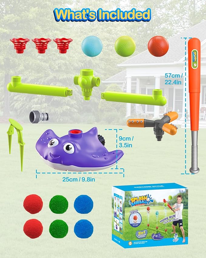 Water Sprinkler Baseball Toy for Kids Yard Outdoor Play,Summer Water Game with 360° Roating Spray Sprinkler Toy for Summer Outside Backyard Fun Garden Lawn Toddlers for Boys Girls Dogs Pets