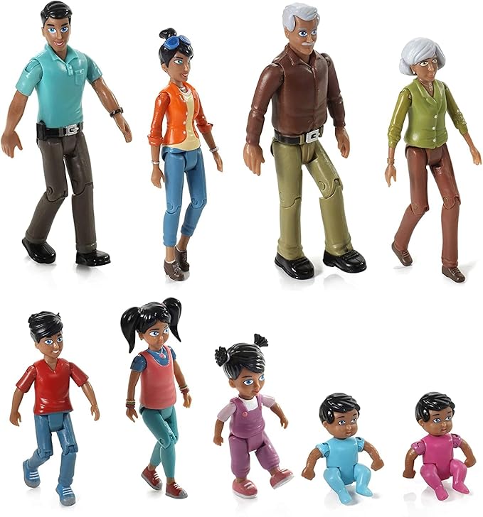 Beverly Hills Doll Collection Sweet Li'l Family Hispanic Dollhouse People Set of 9 Action Figure Set - Grandpa, Grandma, Mom, Dad, Sister, Brother, Toddler, Twin Boy & Girl