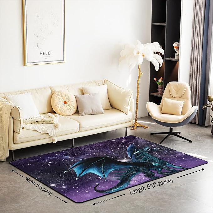 Erosebridal Dragon Rug, Purple Nebula Area Rug 5x6'6'', Mysterious Outer Space Trippy Carpet for Kids Boys Girls Teens, Safari Wildlife Animals Non Slip Decorative Rug for Bedroom